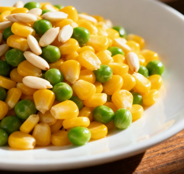 Corn Peas Pine Nuts Salad - Fresh corn kernels with peas and pine nuts, light 